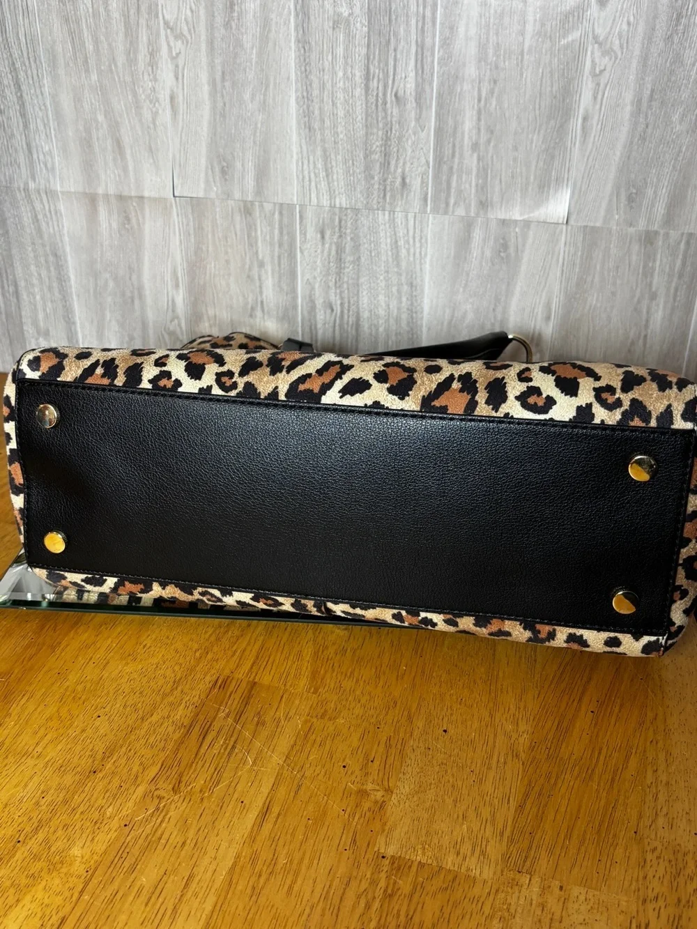 On 34th Leopard Print Satchel Tote Handbag Black Trim Gold Hardware